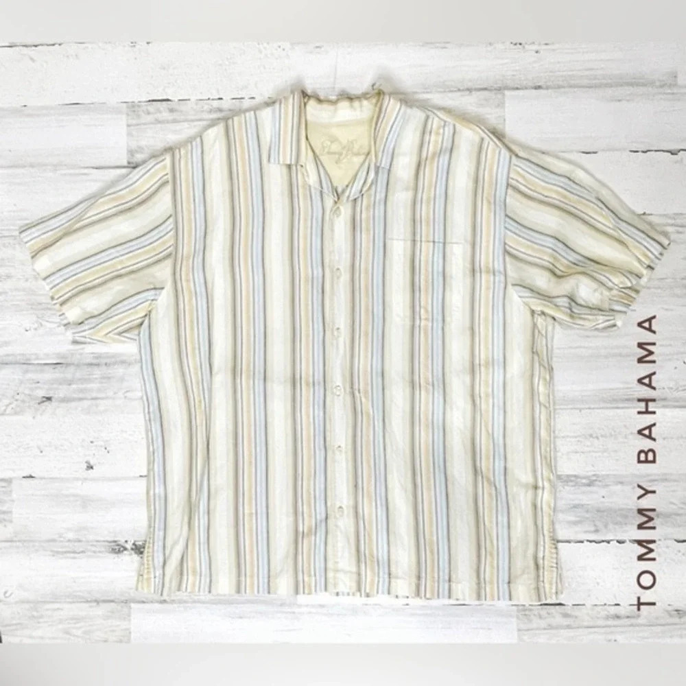 Tommy Bahama Men's Striped Cream Yellow Blue Silk Linen Shirt‎ XLX